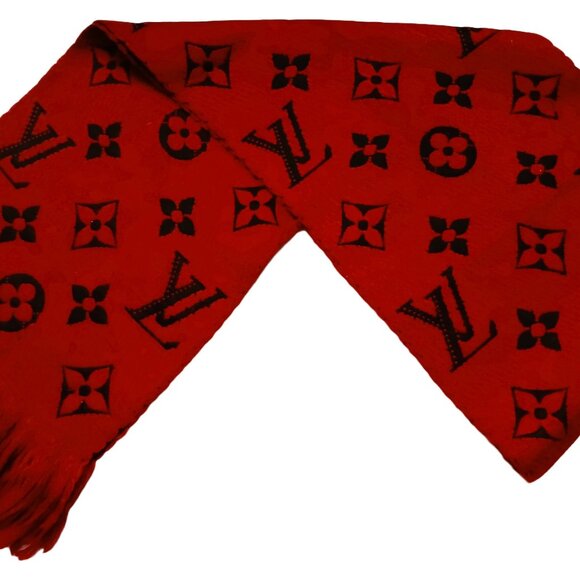 LOUIS VUITTON LV Classic Luxury Vintage Red Black Wool & Silk Monogram Scarf - Picture 2 of 15